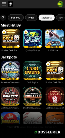 A screenshot of the mobile casino games library page for DraftKings
